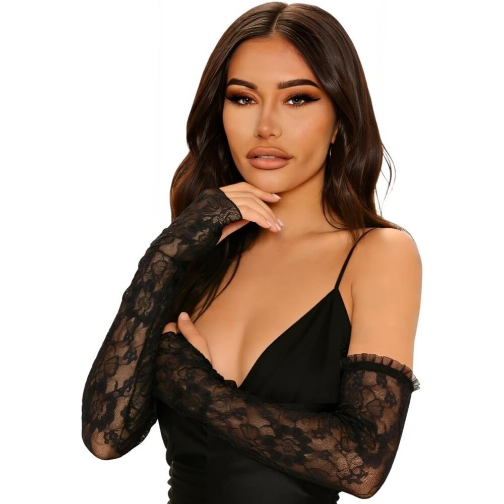 Women's Black Floral Long Lace Arm Sleeves Gloves Wedding Party Accessories